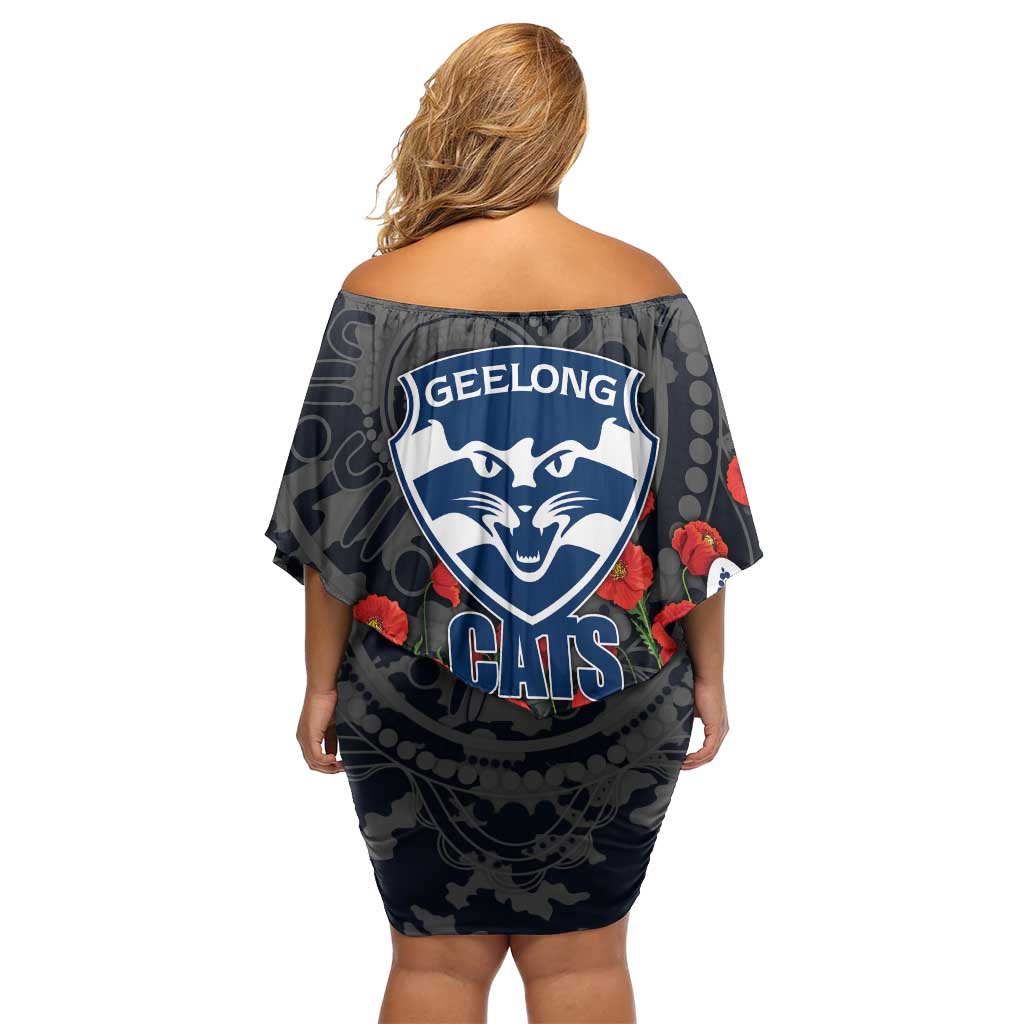 Geelong Cats ANZAC Day Family Matching Off Shoulder Short Dress and Hawaiian Shirt Indigenous Dot Art with Poppy Flower Tribute