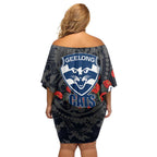 Geelong Cats ANZAC Day Family Matching Off Shoulder Short Dress and Hawaiian Shirt Indigenous Dot Art with Poppy Flower Tribute