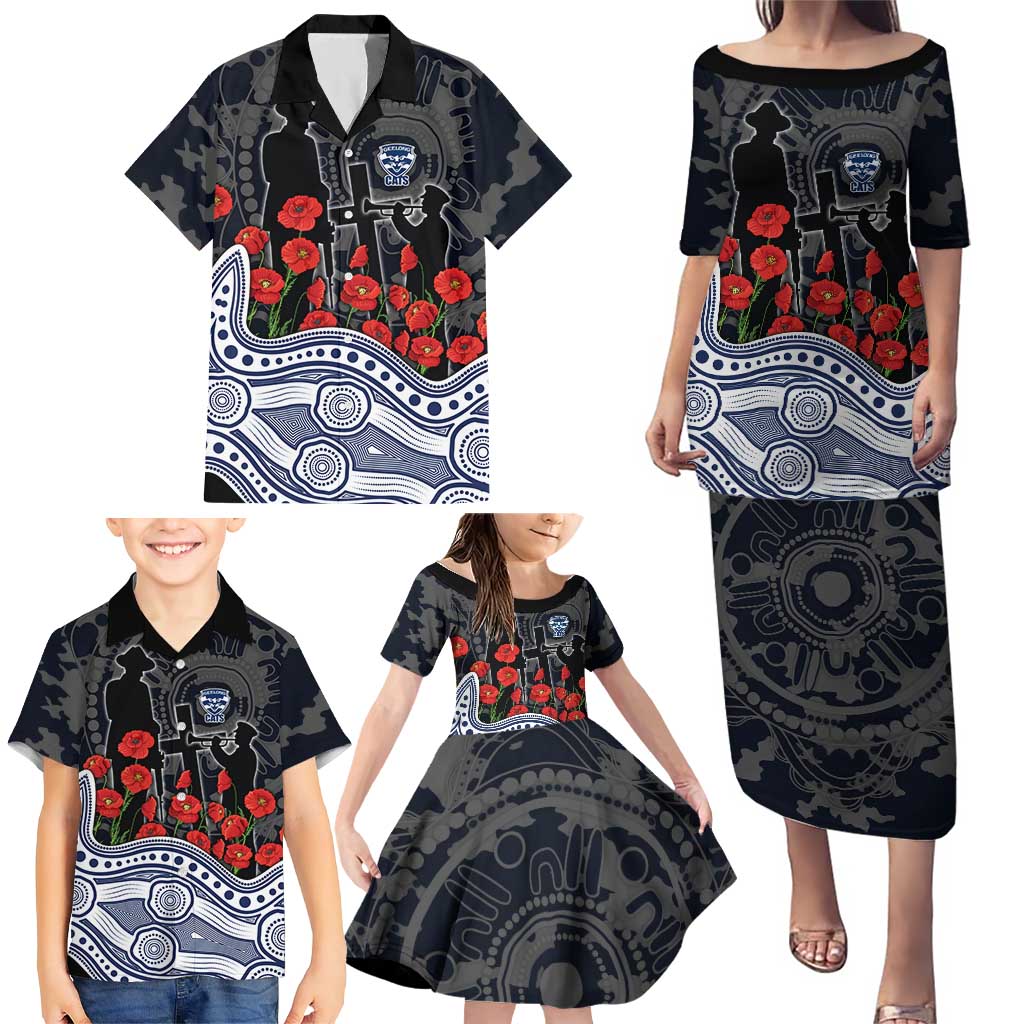 Geelong Cats ANZAC Day Family Matching Puletasi and Hawaiian Shirt Indigenous Dot Art with Poppy Flower Tribute