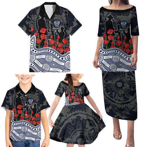 Geelong Cats ANZAC Day Family Matching Puletasi and Hawaiian Shirt Indigenous Dot Art with Poppy Flower Tribute