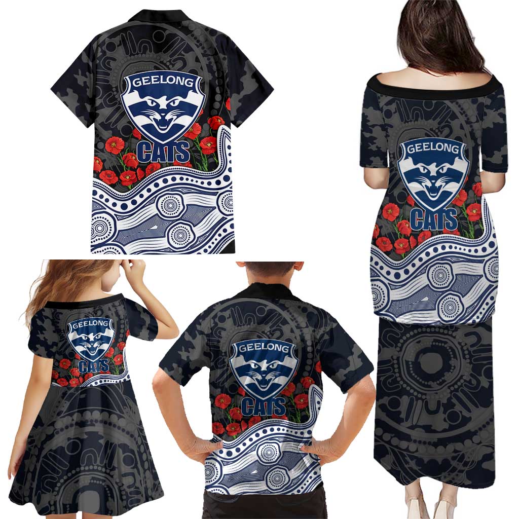 Geelong Cats ANZAC Day Family Matching Puletasi and Hawaiian Shirt Indigenous Dot Art with Poppy Flower Tribute
