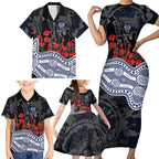 Geelong Cats ANZAC Day Family Matching Short Sleeve Bodycon Dress and Hawaiian Shirt Indigenous Dot Art with Poppy Flower Tribute