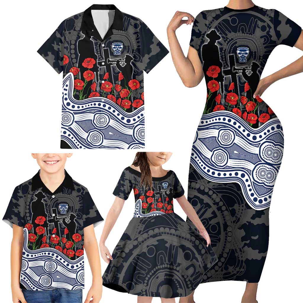 Geelong Cats ANZAC Day Family Matching Short Sleeve Bodycon Dress and Hawaiian Shirt Indigenous Dot Art with Poppy Flower Tribute