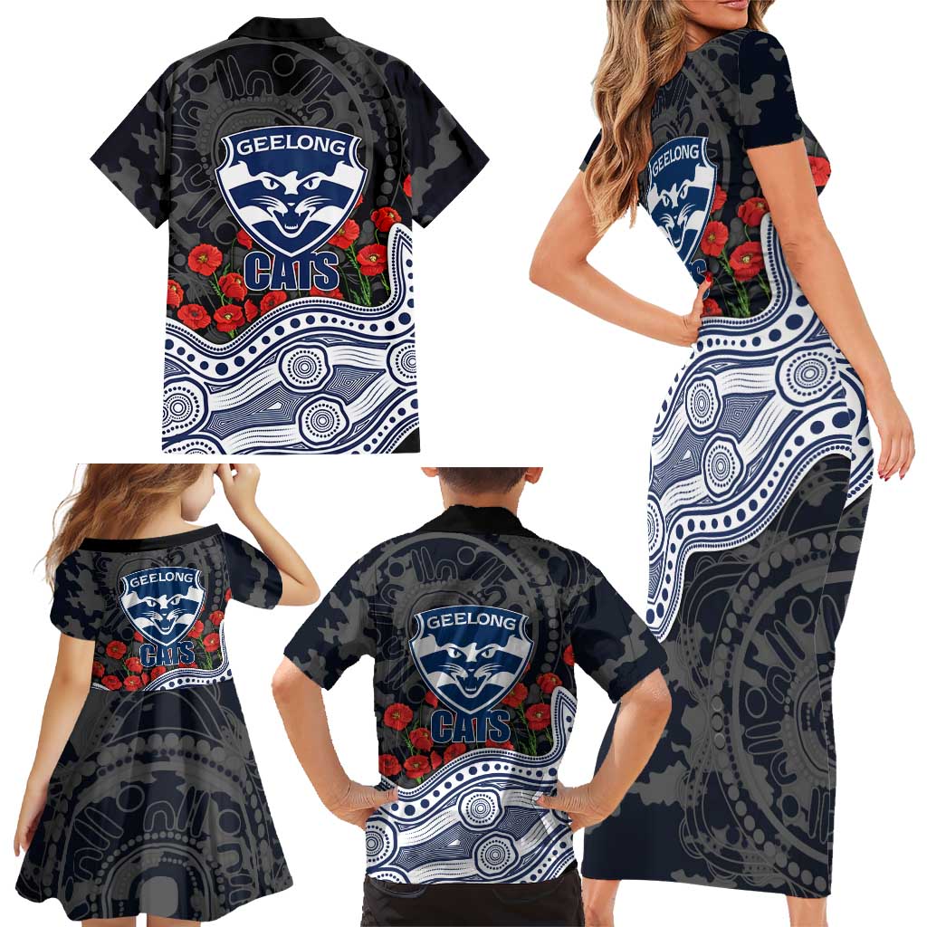 Geelong Cats ANZAC Day Family Matching Short Sleeve Bodycon Dress and Hawaiian Shirt Indigenous Dot Art with Poppy Flower Tribute
