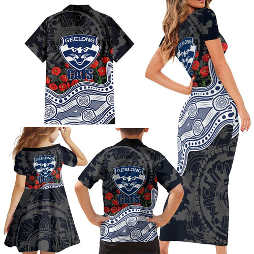 Geelong Cats ANZAC Day Family Matching Short Sleeve Bodycon Dress and Hawaiian Shirt Indigenous Dot Art with Poppy Flower Tribute