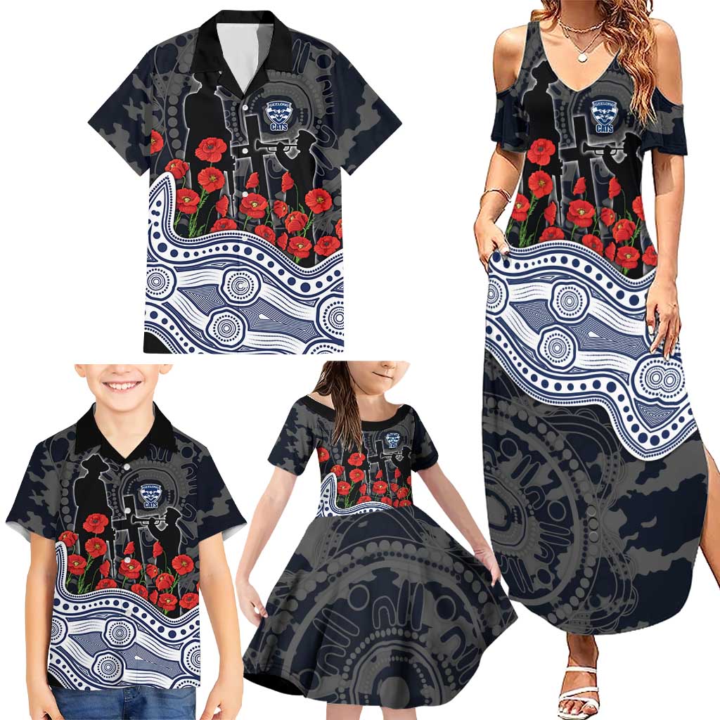 Geelong Cats ANZAC Day Family Matching Summer Maxi Dress and Hawaiian Shirt Indigenous Dot Art with Poppy Flower Tribute
