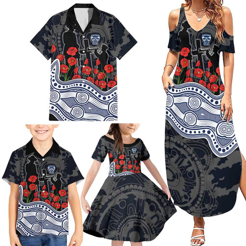 Geelong Cats ANZAC Day Family Matching Summer Maxi Dress and Hawaiian Shirt Indigenous Dot Art with Poppy Flower Tribute