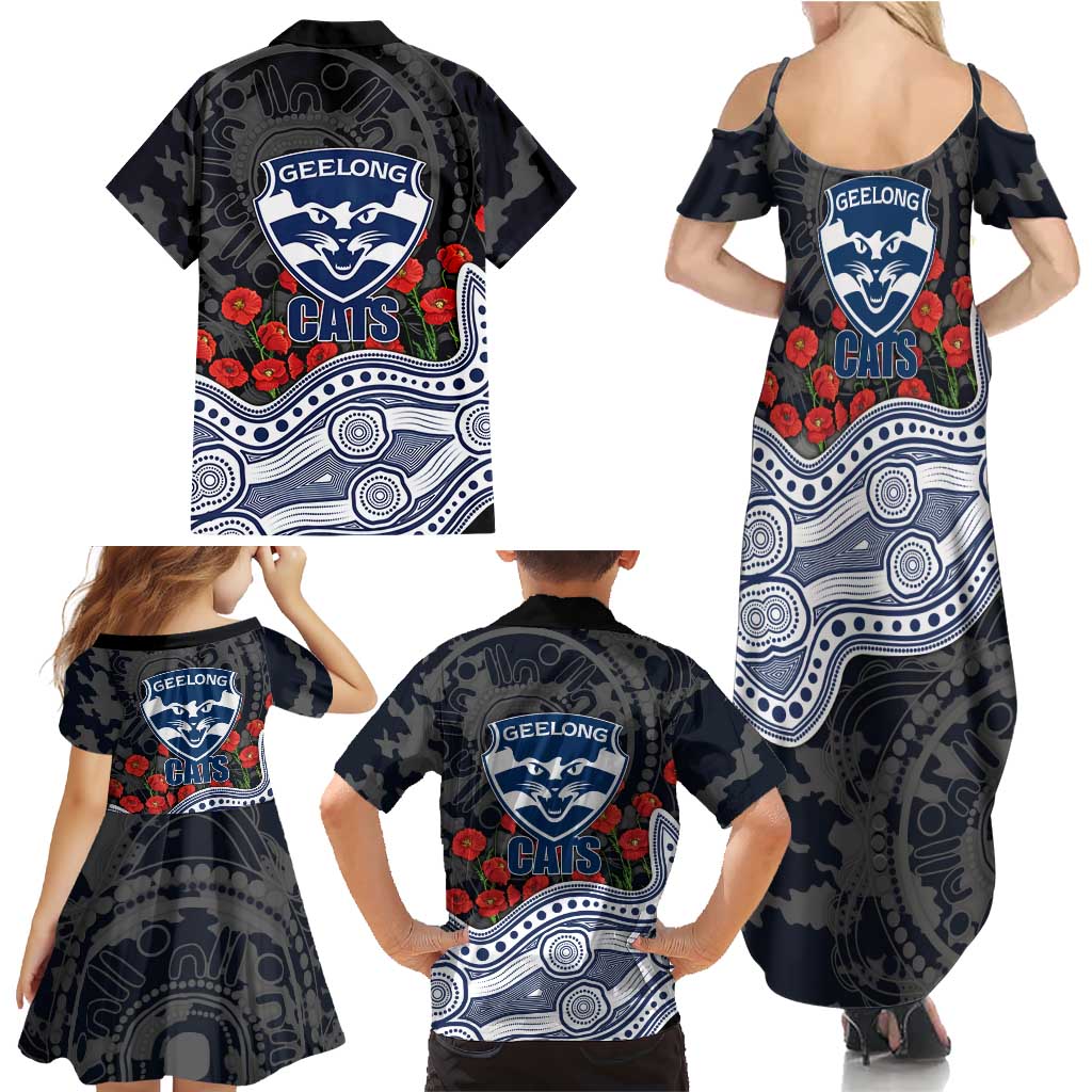 Geelong Cats ANZAC Day Family Matching Summer Maxi Dress and Hawaiian Shirt Indigenous Dot Art with Poppy Flower Tribute