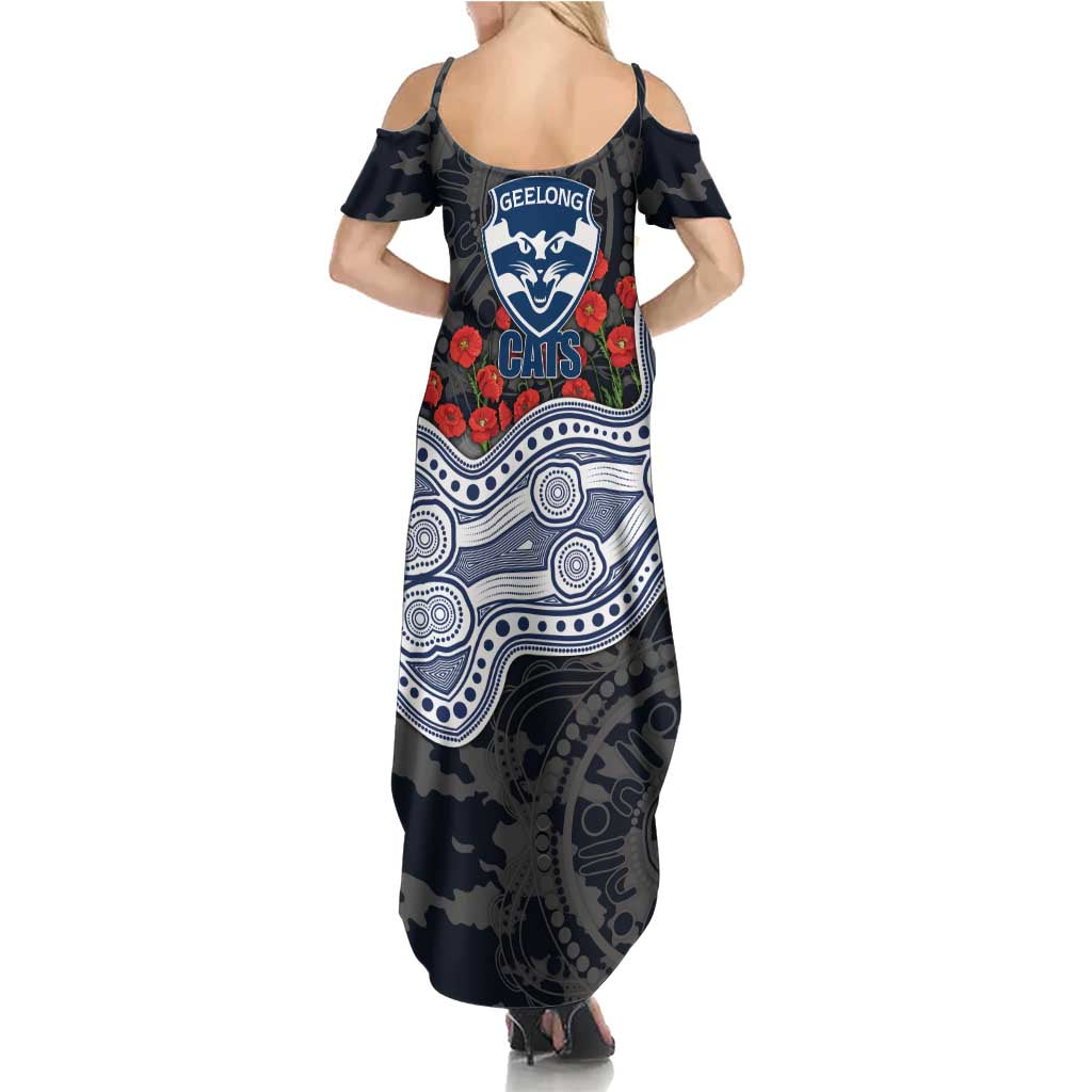 Geelong Cats ANZAC Day Family Matching Summer Maxi Dress and Hawaiian Shirt Indigenous Dot Art with Poppy Flower Tribute