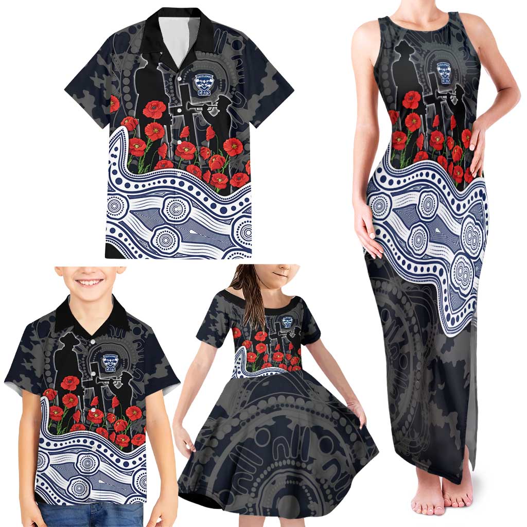 Geelong Cats ANZAC Day Family Matching Tank Maxi Dress and Hawaiian Shirt Indigenous Dot Art with Poppy Flower Tribute