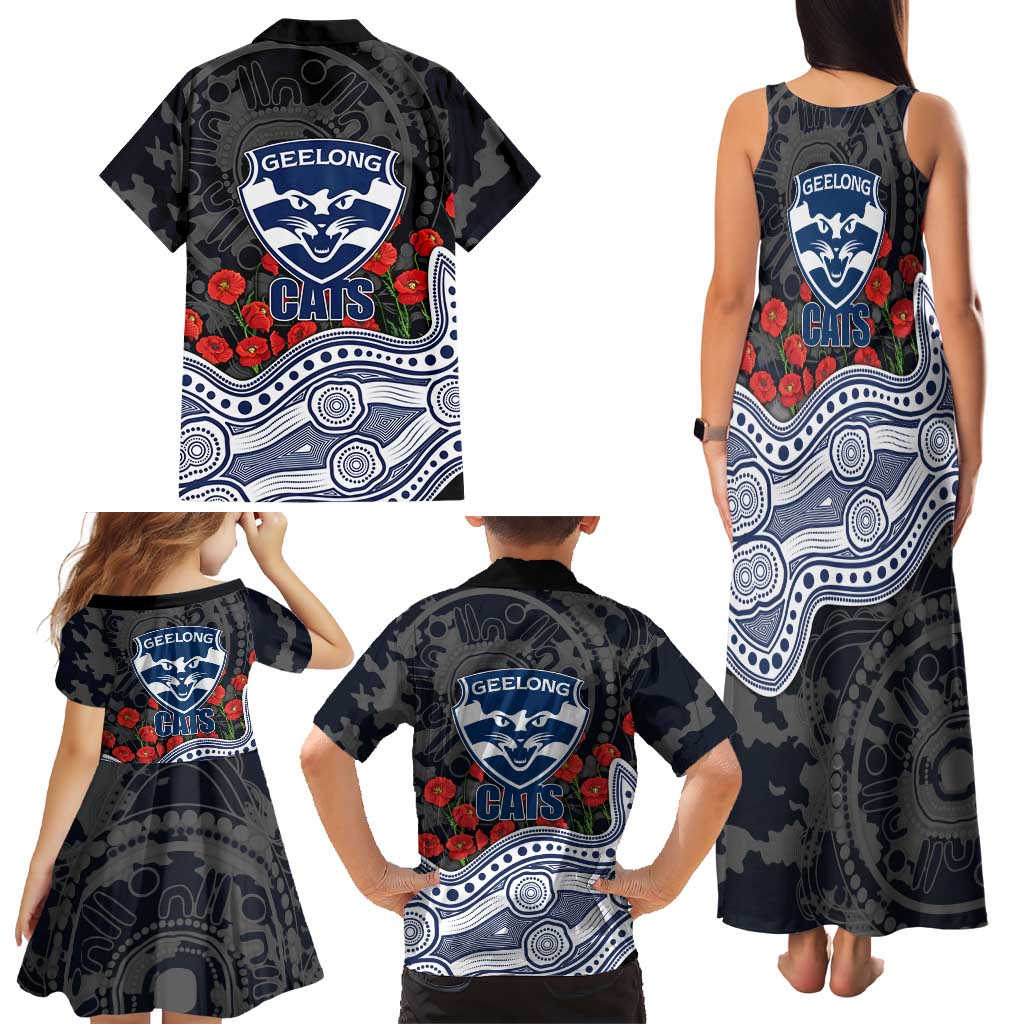 Geelong Cats ANZAC Day Family Matching Tank Maxi Dress and Hawaiian Shirt Indigenous Dot Art with Poppy Flower Tribute
