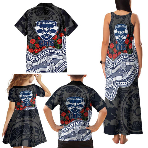 Geelong Cats ANZAC Day Family Matching Tank Maxi Dress and Hawaiian Shirt Indigenous Dot Art with Poppy Flower Tribute