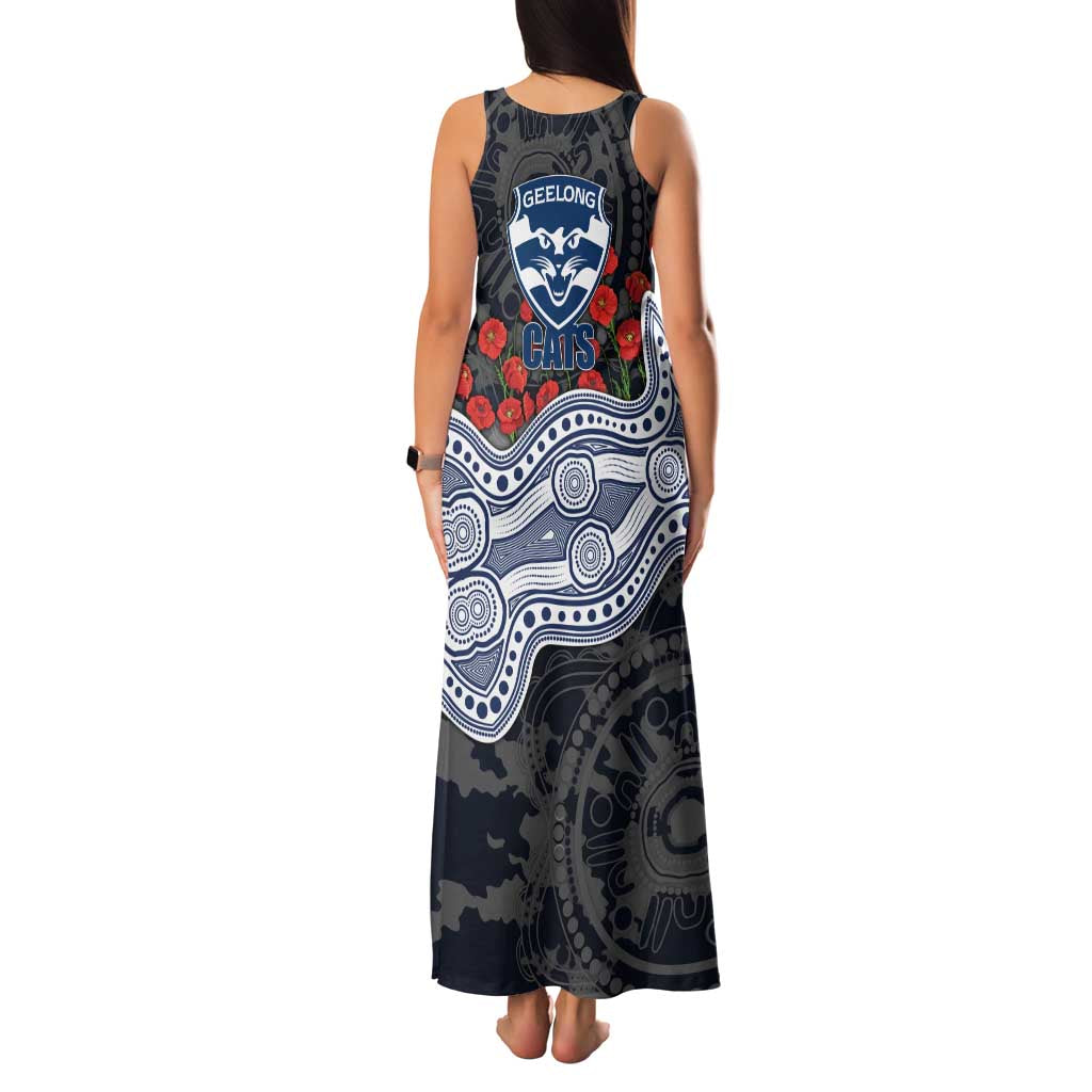 Geelong Cats ANZAC Day Family Matching Tank Maxi Dress and Hawaiian Shirt Indigenous Dot Art with Poppy Flower Tribute