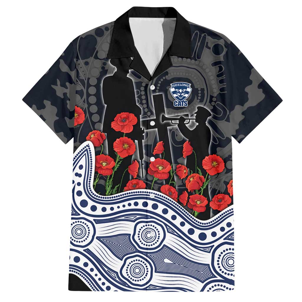 Geelong Cats ANZAC Day Hawaiian Shirt Indigenous Dot Art with Poppy Flower Tribute