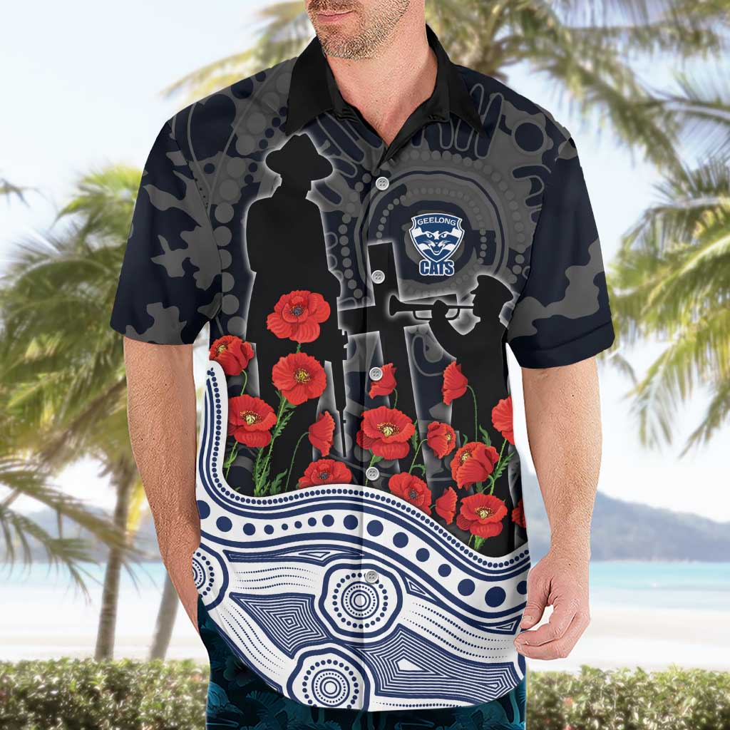 Geelong Cats ANZAC Day Hawaiian Shirt Indigenous Dot Art with Poppy Flower Tribute