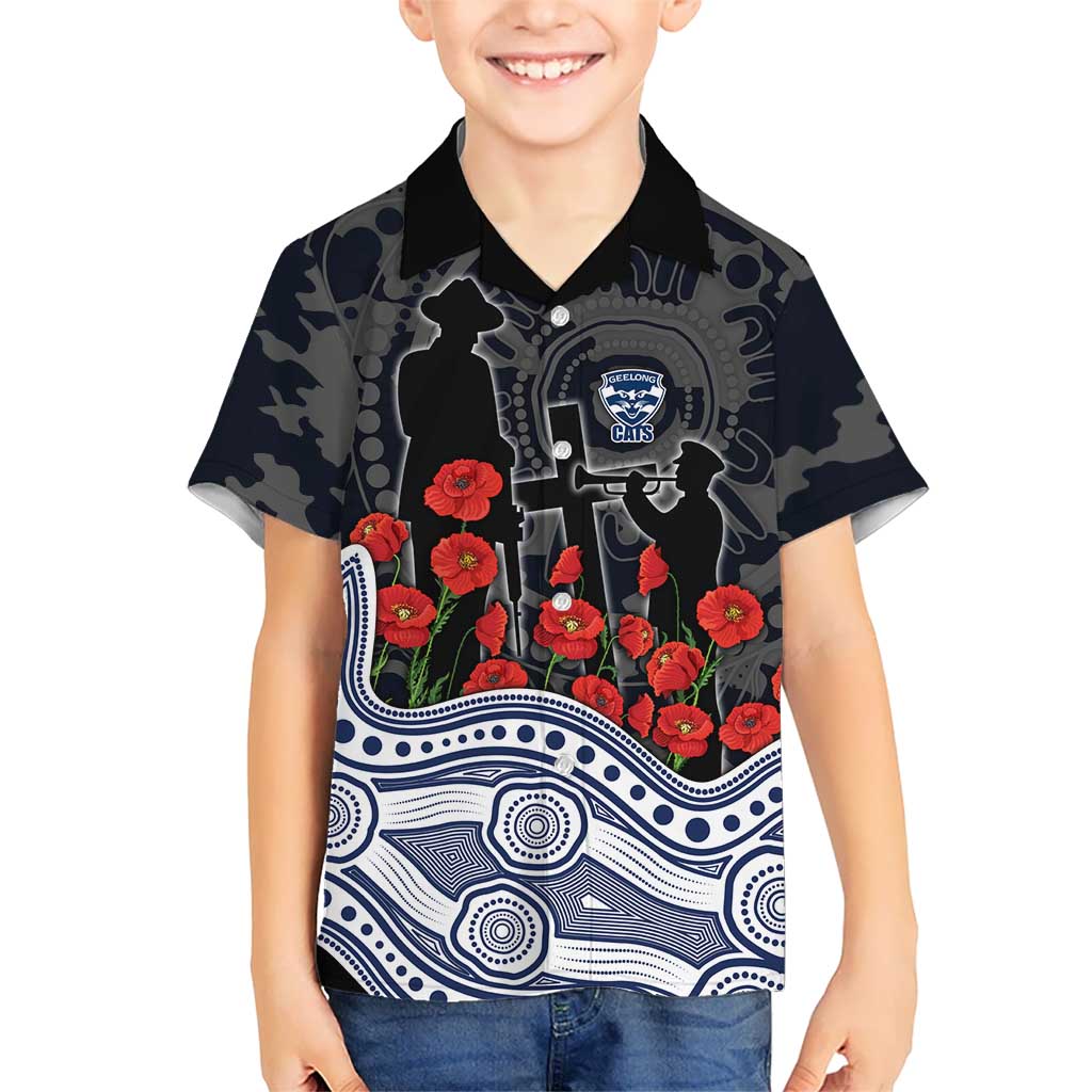Geelong Cats ANZAC Day Hawaiian Shirt Indigenous Dot Art with Poppy Flower Tribute
