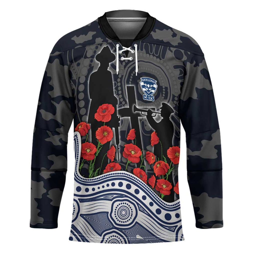 Geelong Cats ANZAC Day Hockey Jersey Indigenous Dot Art with Poppy Flower Tribute