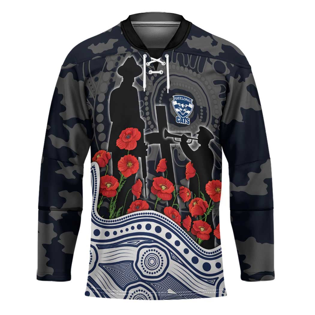 Geelong Cats ANZAC Day Hockey Jersey Indigenous Dot Art with Poppy Flower Tribute