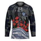 Geelong Cats ANZAC Day Hockey Jersey Indigenous Dot Art with Poppy Flower Tribute
