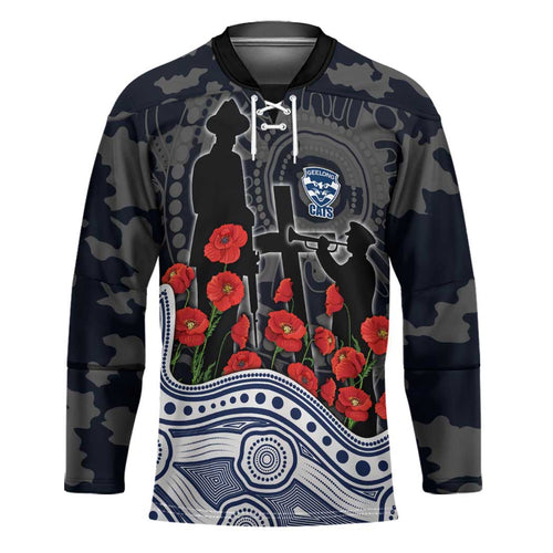 Geelong Cats ANZAC Day Hockey Jersey Indigenous Dot Art with Poppy Flower Tribute