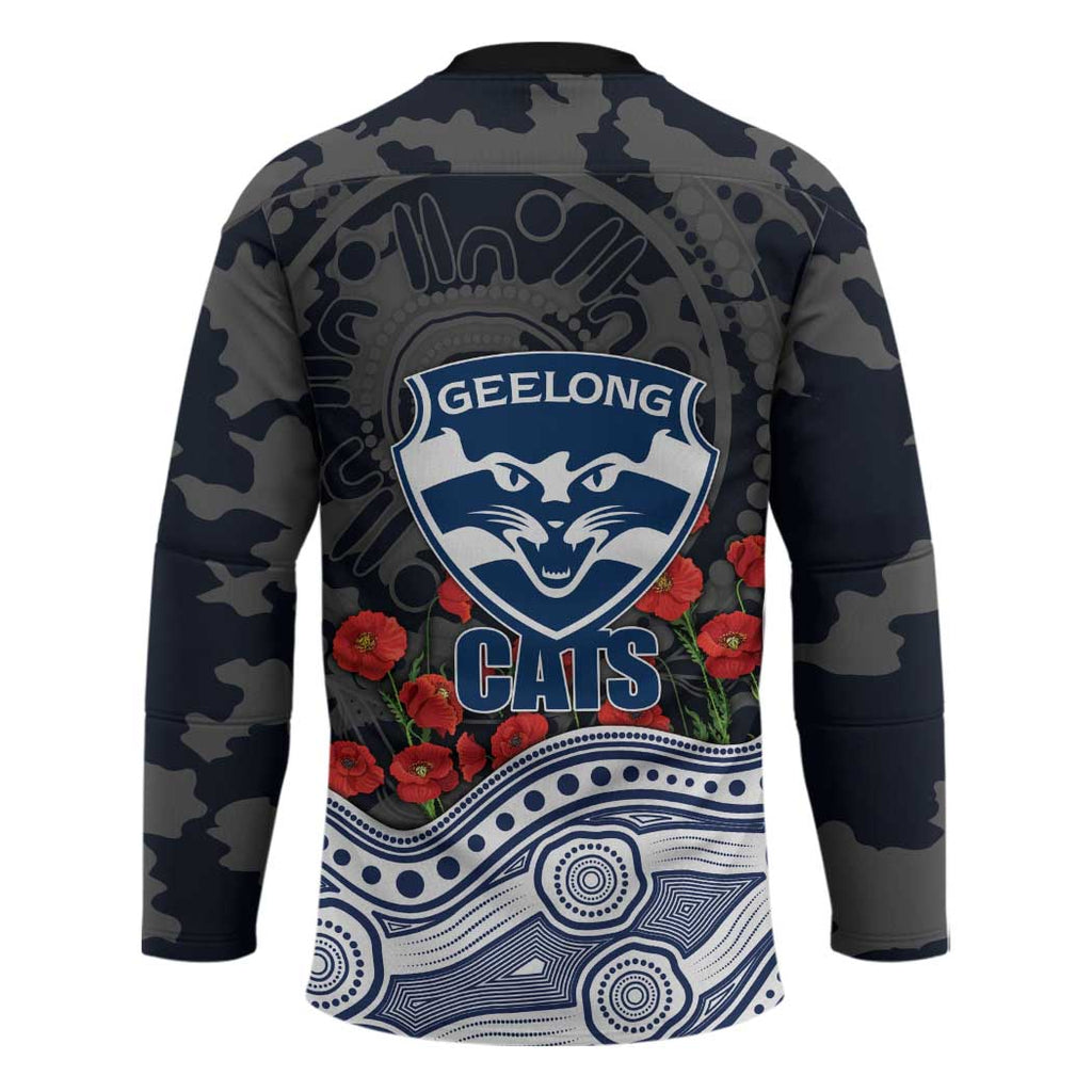 Geelong Cats ANZAC Day Hockey Jersey Indigenous Dot Art with Poppy Flower Tribute