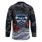 Geelong Cats ANZAC Day Hockey Jersey Indigenous Dot Art with Poppy Flower Tribute