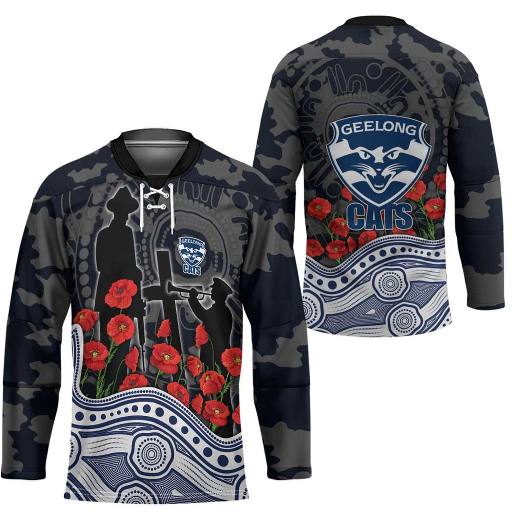 Geelong Cats ANZAC Day Hockey Jersey Indigenous Dot Art with Poppy Flower Tribute