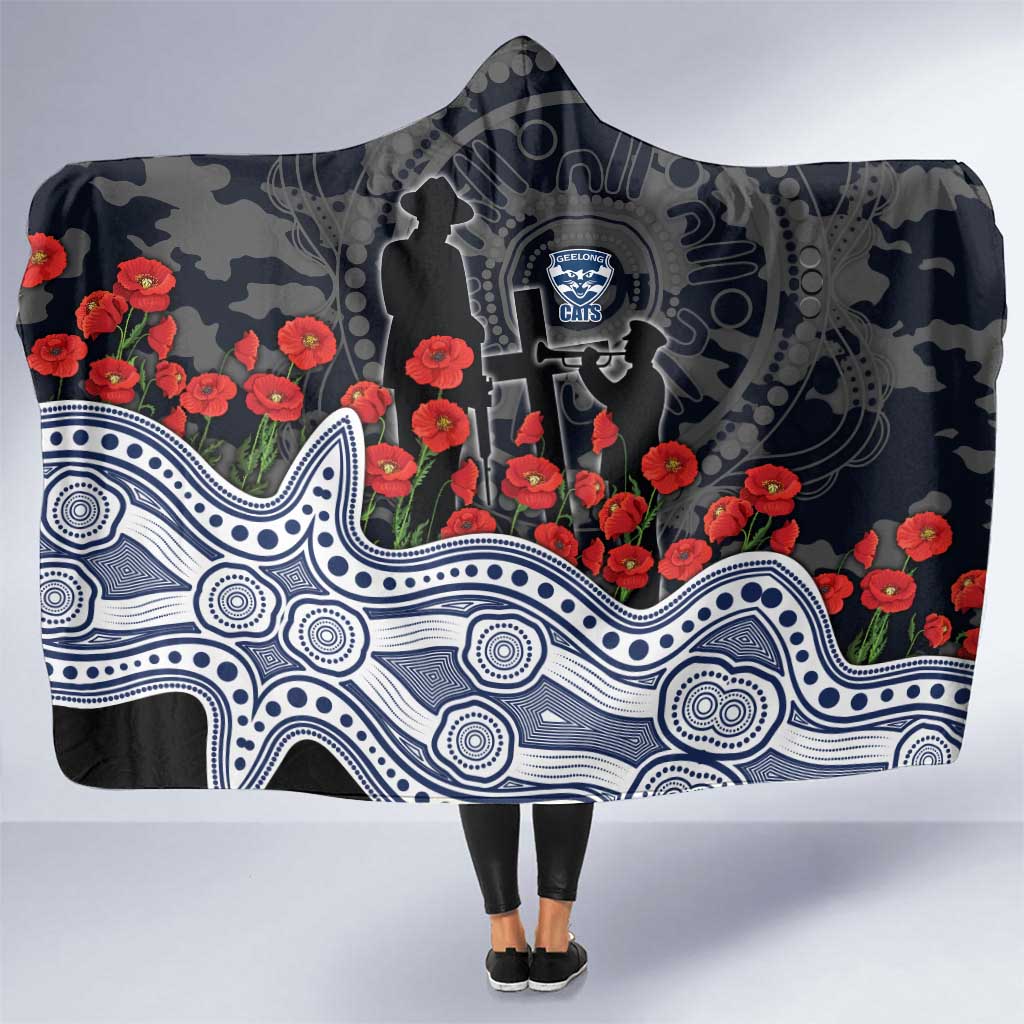 Geelong Cats ANZAC Day Hooded Blanket Indigenous Dot Art with Poppy Flower Tribute