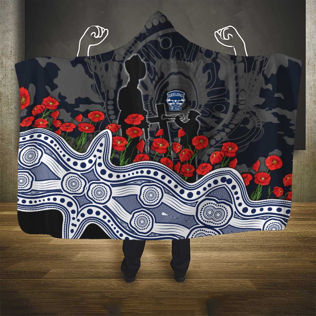 Geelong Cats ANZAC Day Hooded Blanket Indigenous Dot Art with Poppy Flower Tribute