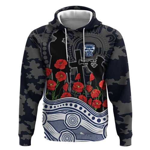 Geelong Cats ANZAC Day Hoodie Indigenous Dot Art with Poppy Flower Tribute
