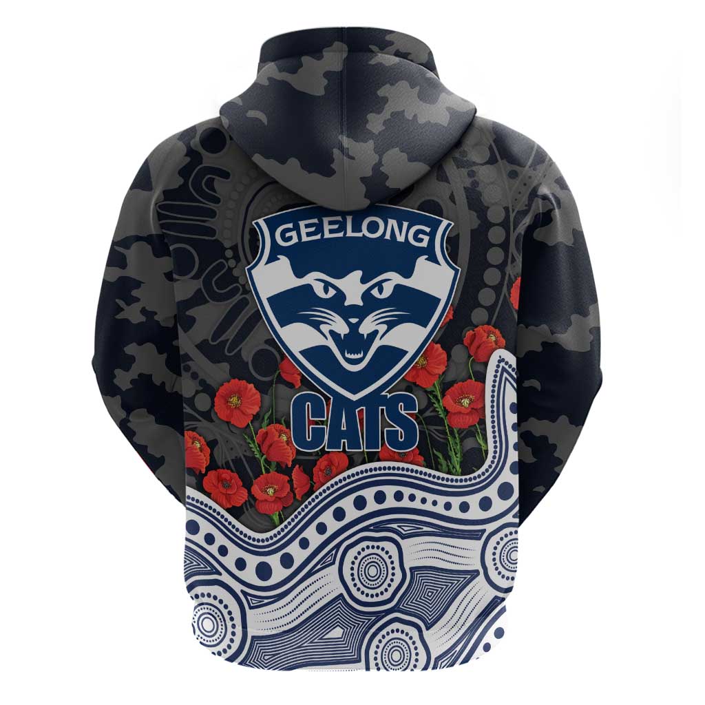 Geelong Cats ANZAC Day Hoodie Indigenous Dot Art with Poppy Flower Tribute
