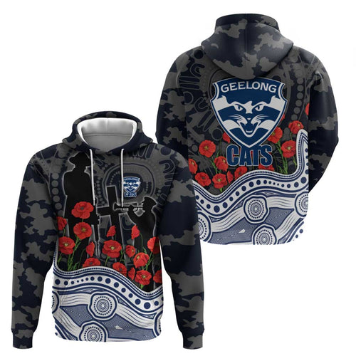 Geelong Cats ANZAC Day Hoodie Indigenous Dot Art with Poppy Flower Tribute