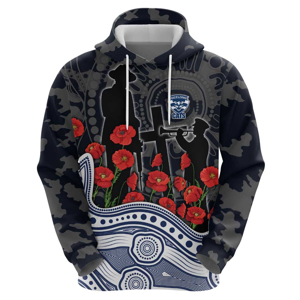 Geelong Cats ANZAC Day Hoodie Indigenous Dot Art with Poppy Flower Tribute