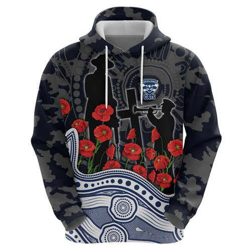 Geelong Cats ANZAC Day Hoodie Indigenous Dot Art with Poppy Flower Tribute