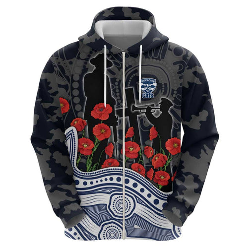 Geelong Cats ANZAC Day Hoodie Indigenous Dot Art with Poppy Flower Tribute