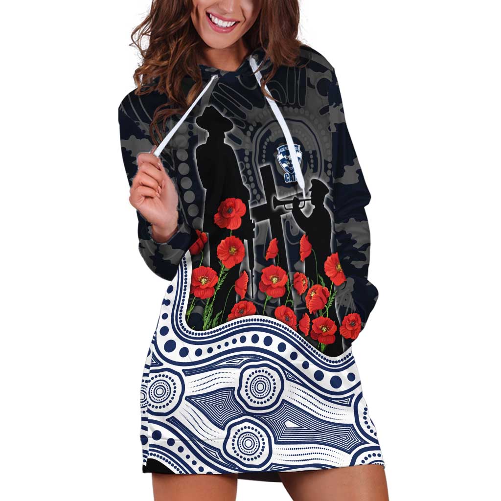 Geelong Cats ANZAC Day Hoodie Dress Indigenous Dot Art with Poppy Flower Tribute