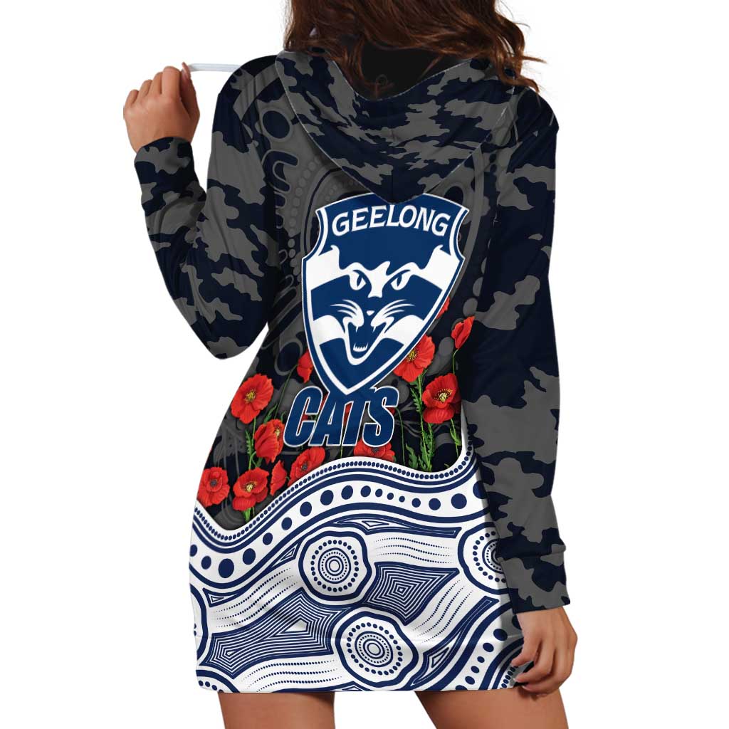 Geelong Cats ANZAC Day Hoodie Dress Indigenous Dot Art with Poppy Flower Tribute