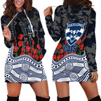 Geelong Cats ANZAC Day Hoodie Dress Indigenous Dot Art with Poppy Flower Tribute