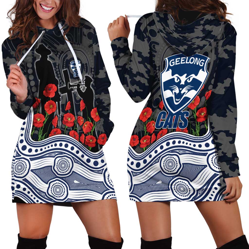 Geelong Cats ANZAC Day Hoodie Dress Indigenous Dot Art with Poppy Flower Tribute