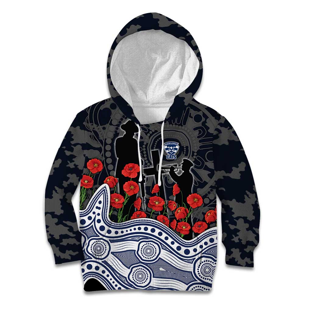 Geelong Cats ANZAC Day Kid Hoodie Indigenous Dot Art with Poppy Flower Tribute
