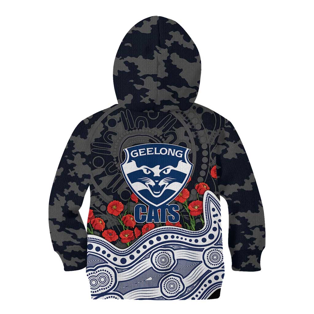 Geelong Cats ANZAC Day Kid Hoodie Indigenous Dot Art with Poppy Flower Tribute
