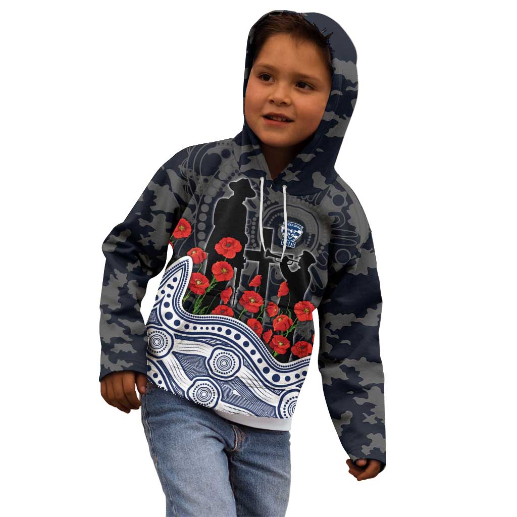 Geelong Cats ANZAC Day Kid Hoodie Indigenous Dot Art with Poppy Flower Tribute