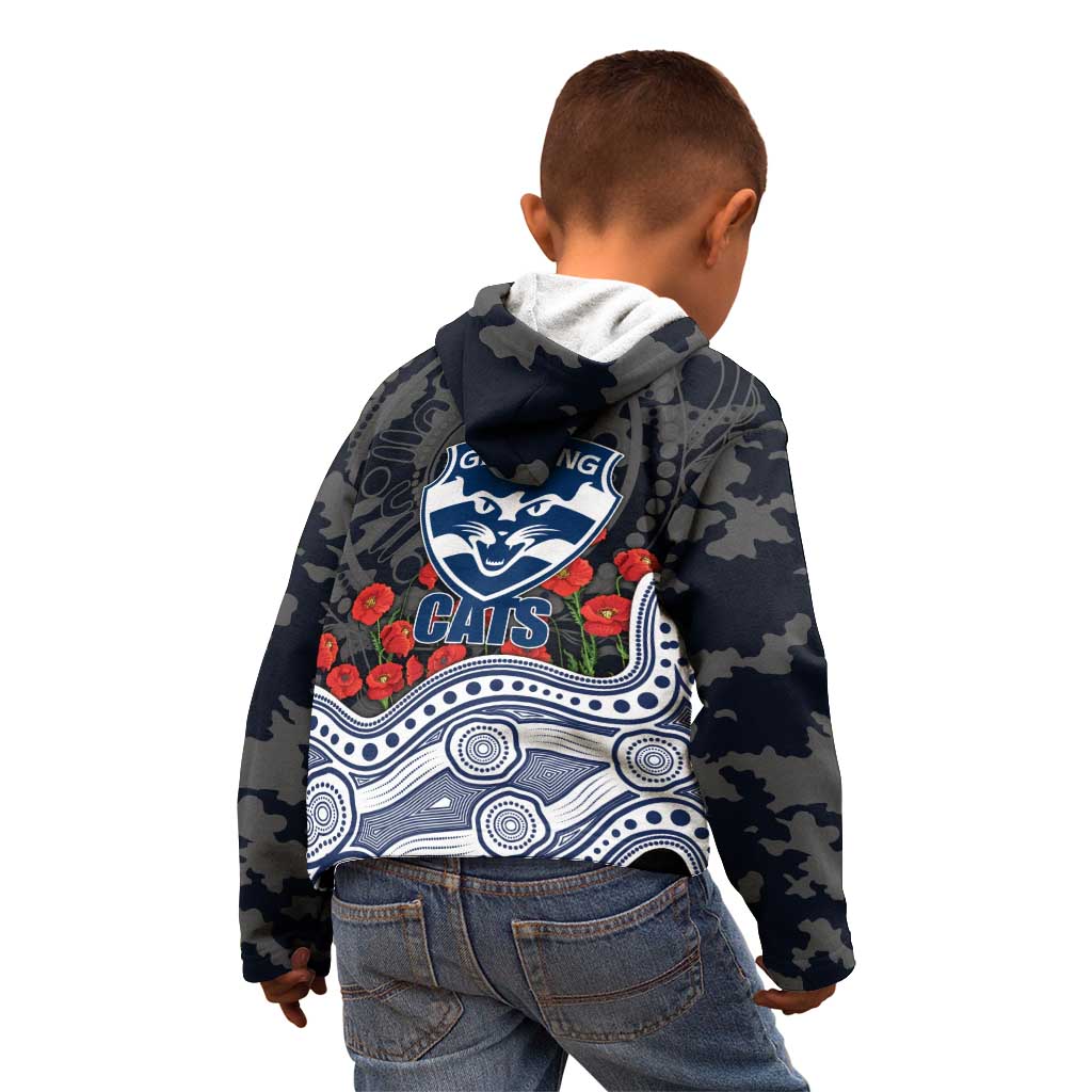 Geelong Cats ANZAC Day Kid Hoodie Indigenous Dot Art with Poppy Flower Tribute