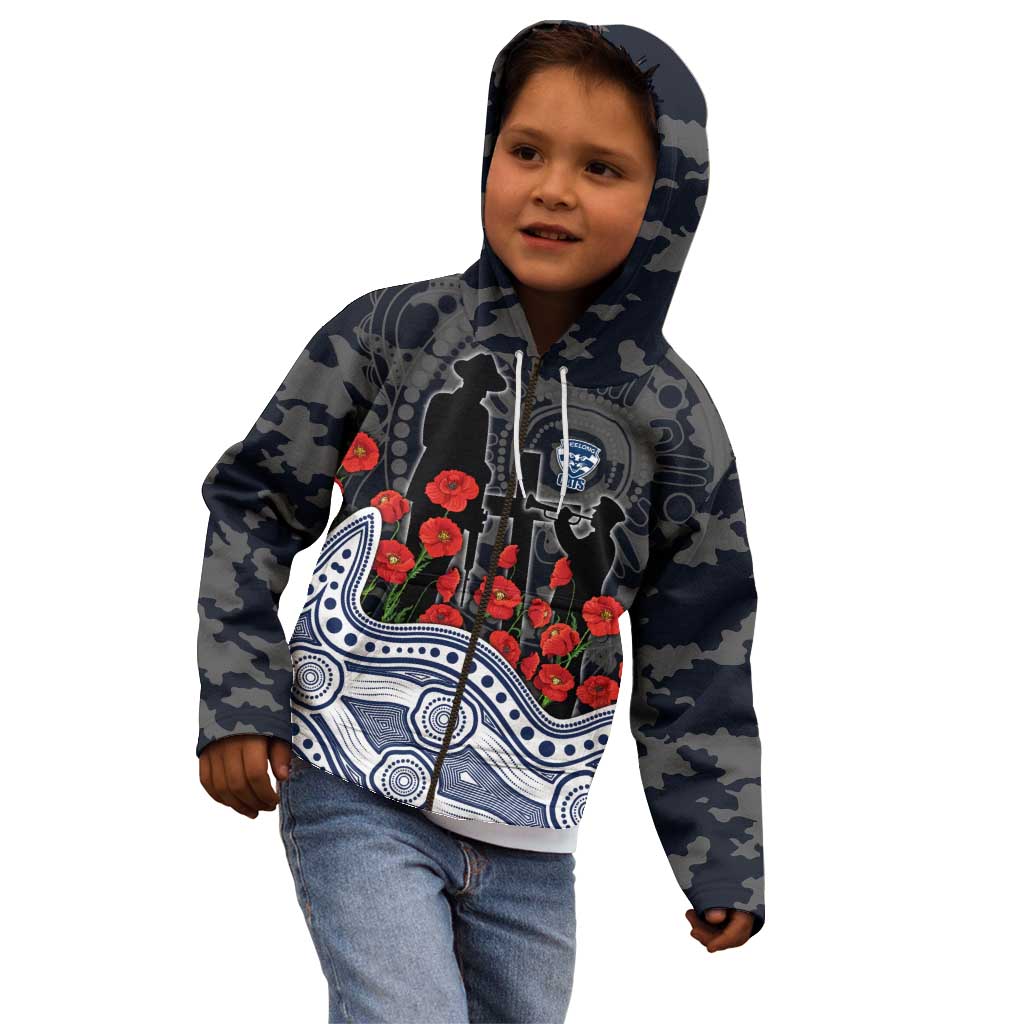 Geelong Cats ANZAC Day Kid Hoodie Indigenous Dot Art with Poppy Flower Tribute