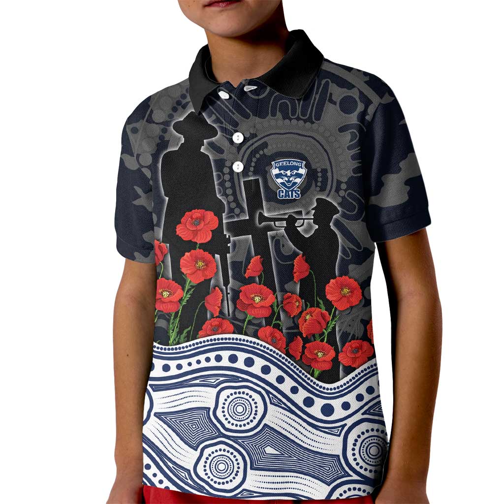 Geelong Cats ANZAC Day Kid Polo Shirt Indigenous Dot Art with Poppy Flower Tribute