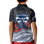 Geelong Cats ANZAC Day Kid Polo Shirt Indigenous Dot Art with Poppy Flower Tribute