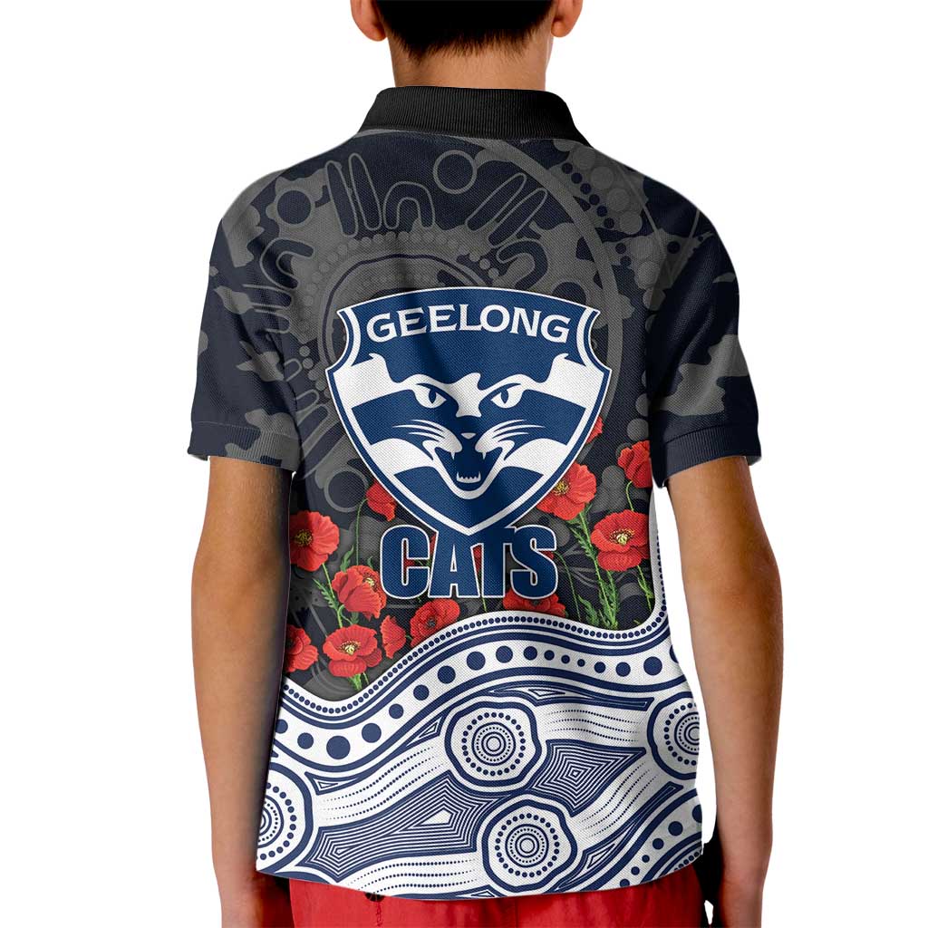 Geelong Cats ANZAC Day Kid Polo Shirt Indigenous Dot Art with Poppy Flower Tribute