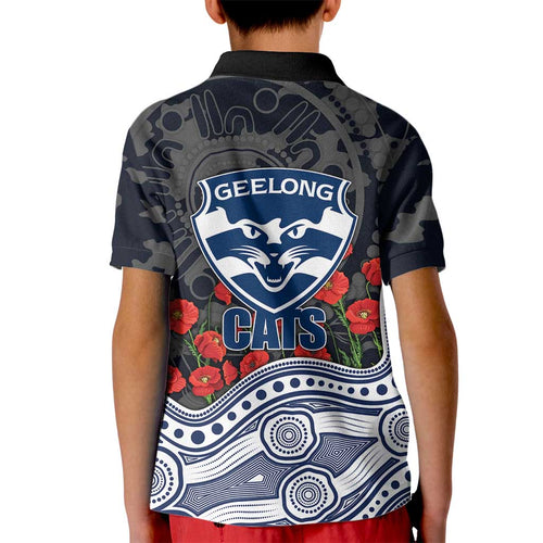 Geelong Cats ANZAC Day Kid Polo Shirt Indigenous Dot Art with Poppy Flower Tribute