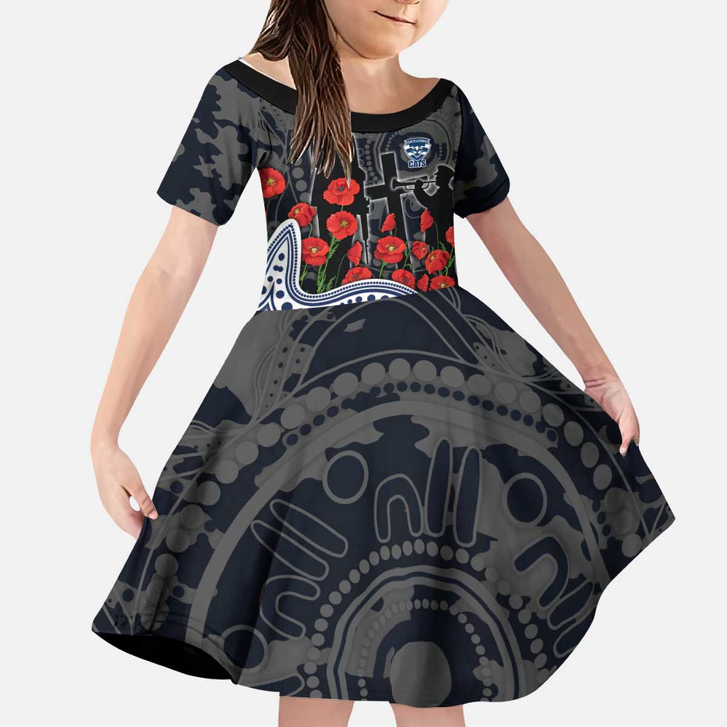 Geelong Cats ANZAC Day Kid Short Sleeve Dress Indigenous Dot Art with Poppy Flower Tribute