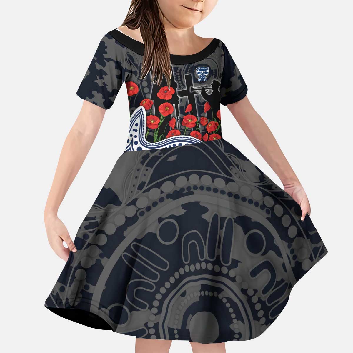 Geelong Cats ANZAC Day Kid Short Sleeve Dress Indigenous Dot Art with Poppy Flower Tribute